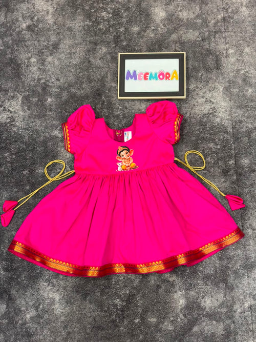Neon Pink Paithani Border Ganpati Soft Silk Frock for Girls