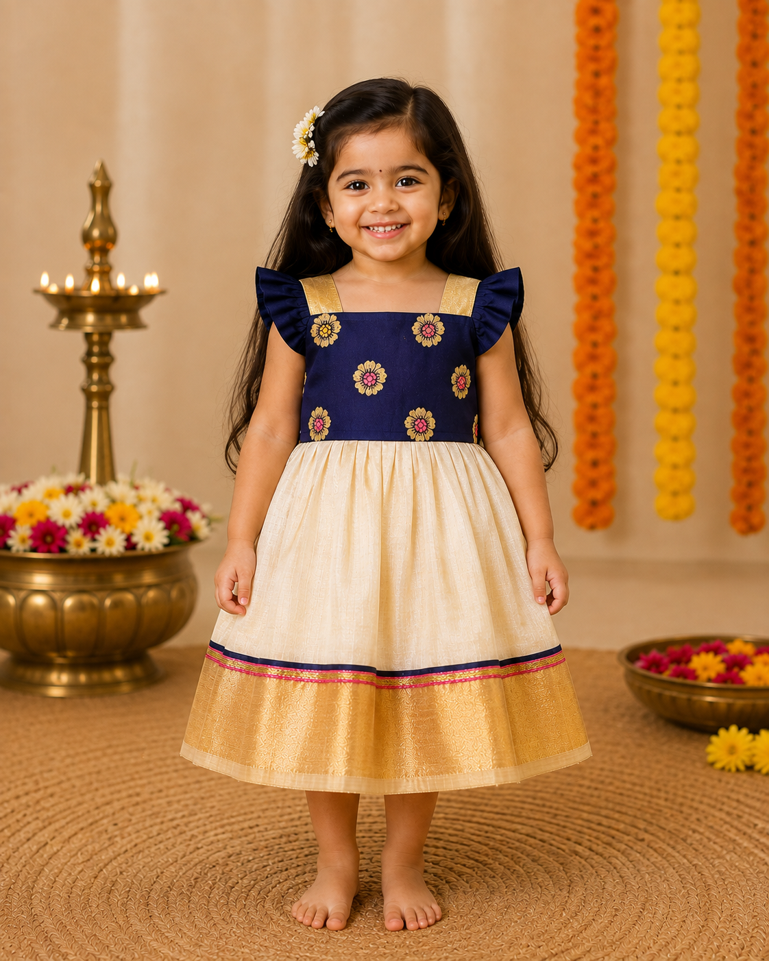 Cream Kasavu & Navy Blue Flower Frill Frock for Girls