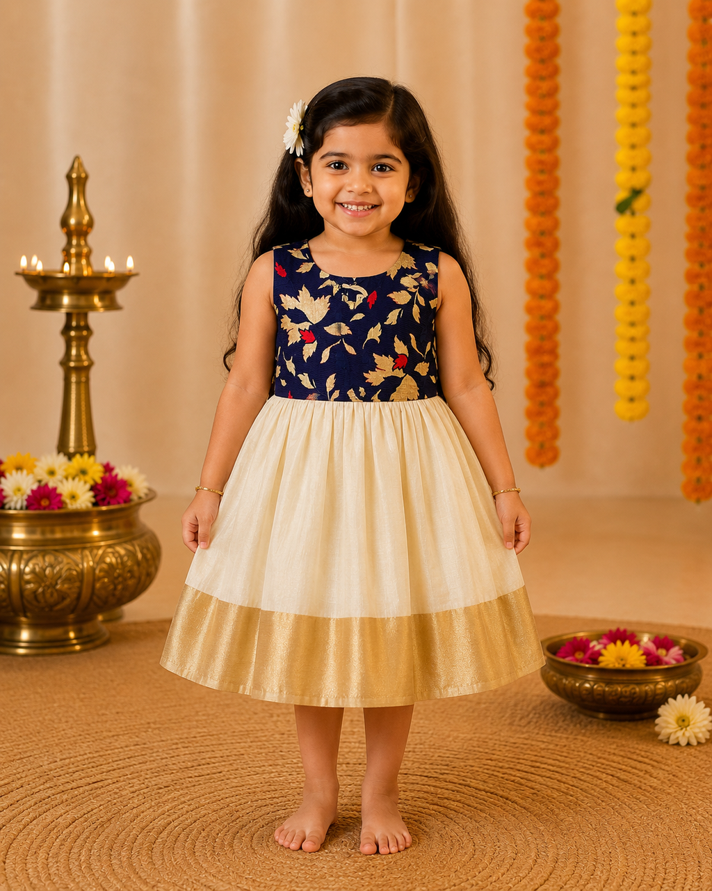 Cream Kasavu & Navy Sleeveless Frock for Girls