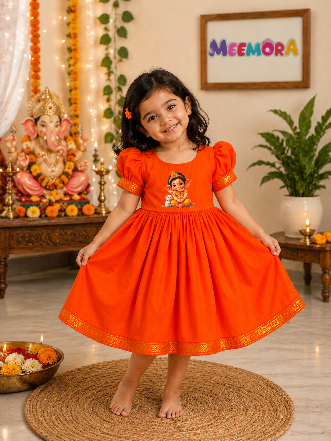 Orange Ganesha Soft Silk Frock for Girls