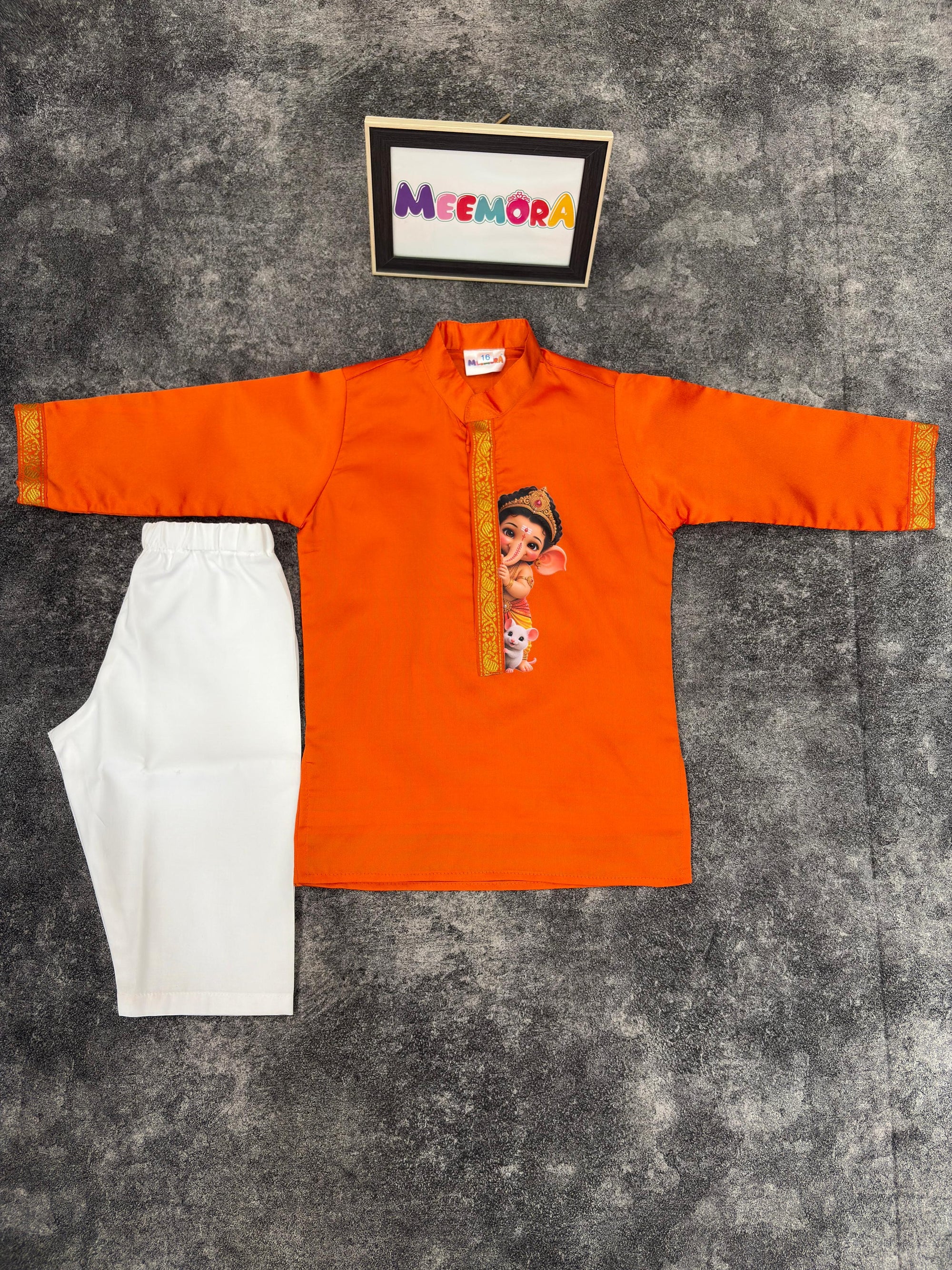 Orange Ganpati Soft Silk Kurta Pajama for Boys
