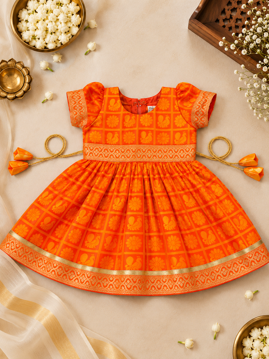 Orange Checks Peacock Silk Frock with Balloon Sleeves for Girls