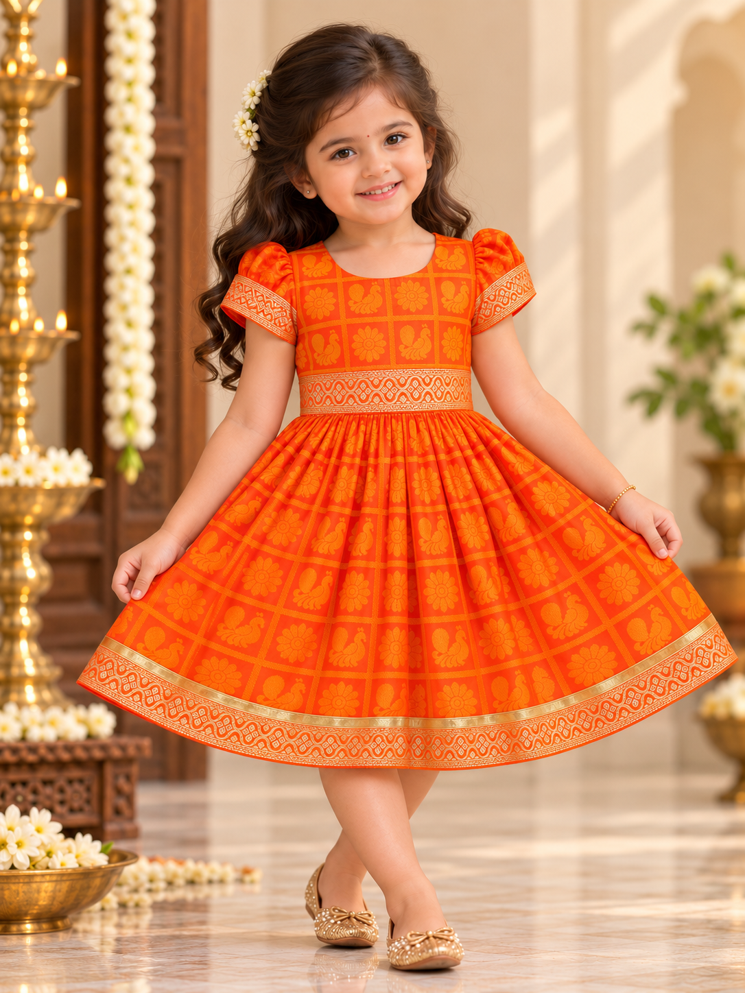 Orange Checks Peacock Silk Frock with Balloon Sleeves for Girls