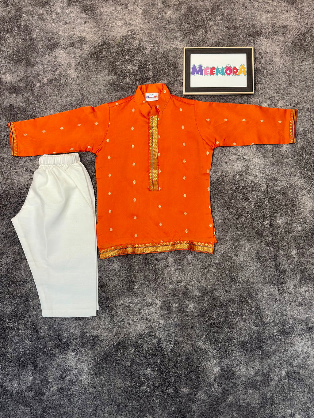 Orange Silk Paithani Butti Ganpati Silk Kurta Pajama for Boys