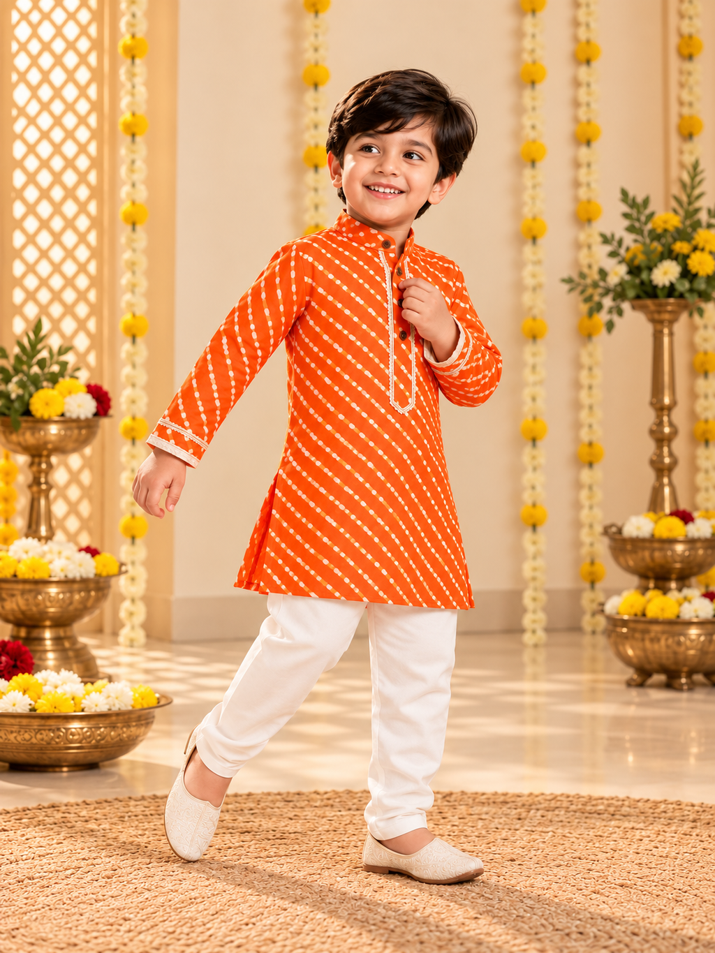 Orange Lehriya Cotton Kurta Pajama for Boys | 0-7 Years