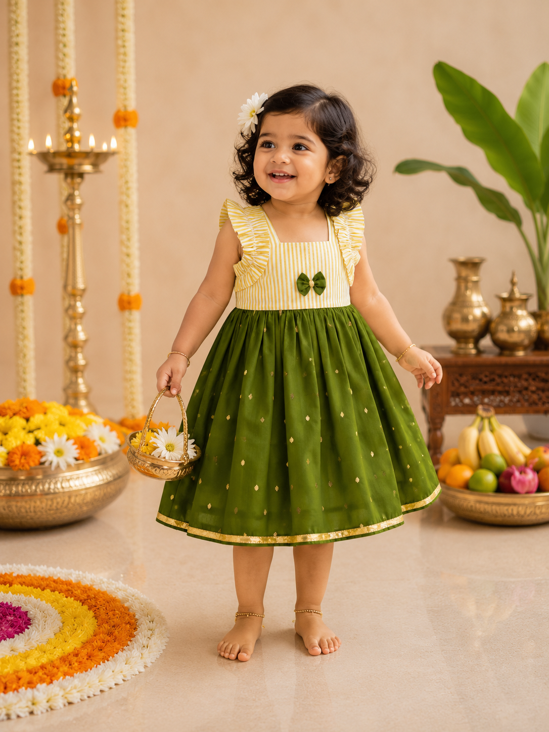 Onam Special Olive Green & Gold Kasavu Silk Frock for Baby Girl