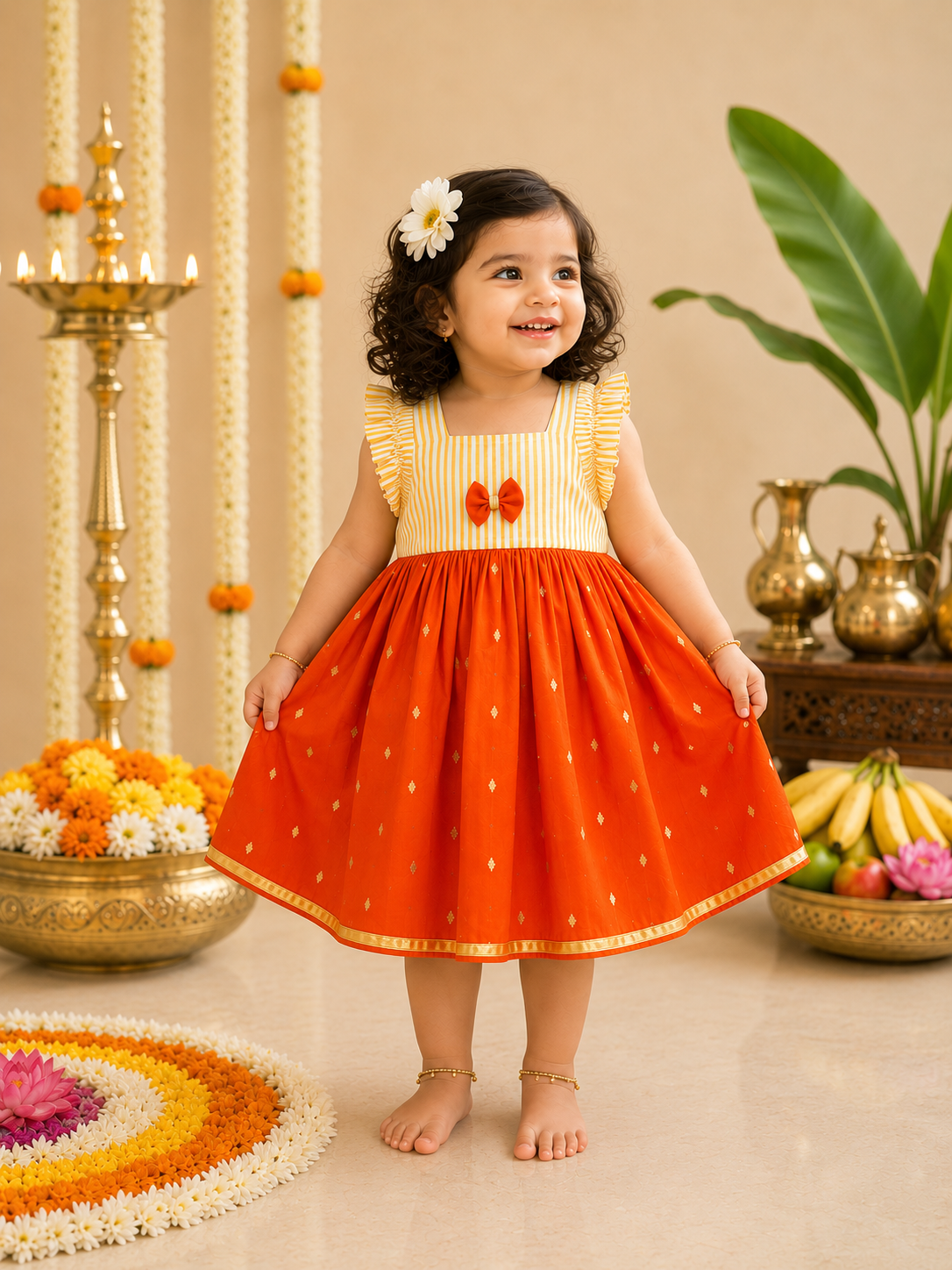 Onam Special Rust Orange & Gold Kasavu Silk Frock for Baby Girl