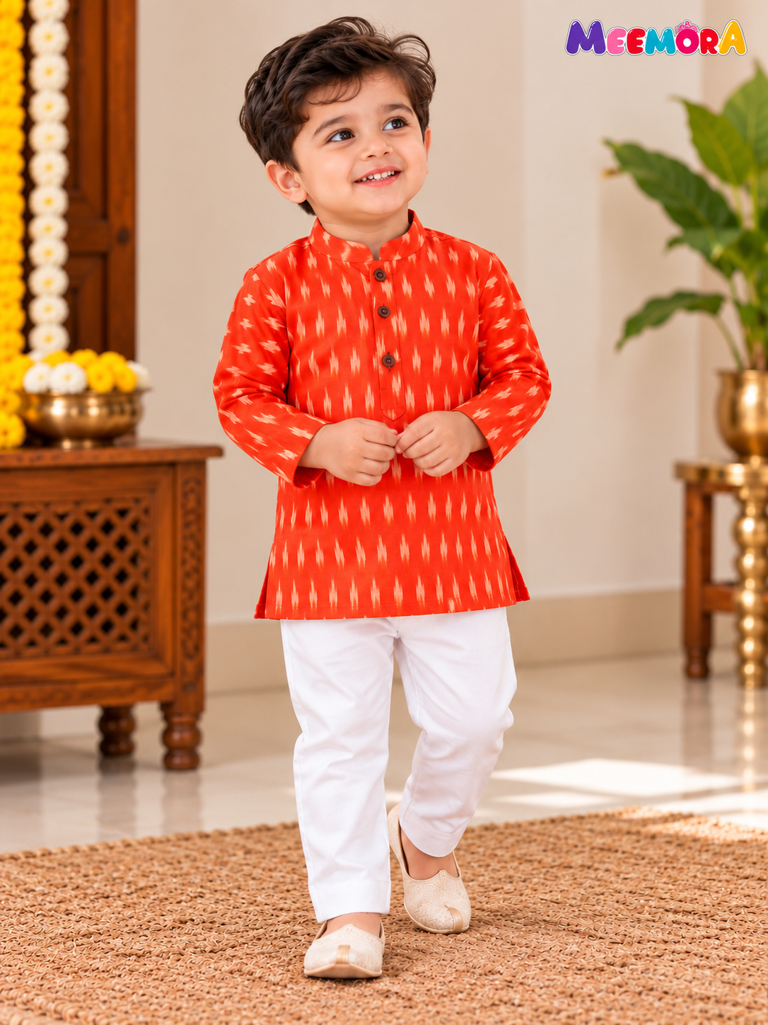 Orange Ikat Cotton Kurta Pajama for Boys | 0-7 Years