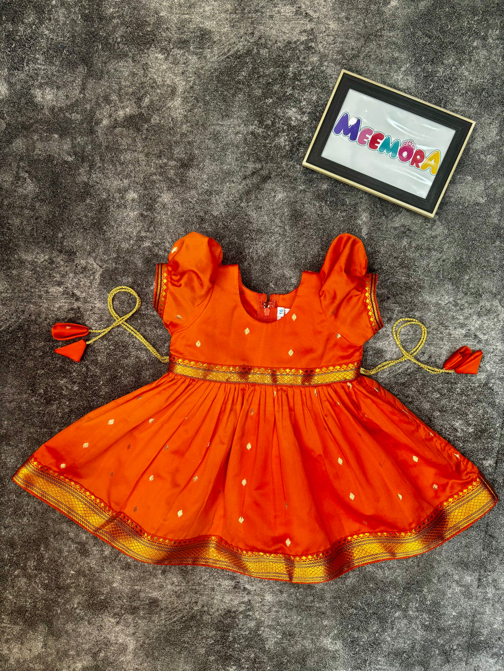 Orange Paithani Butti Silk Frock for Girls | 0–8 Years