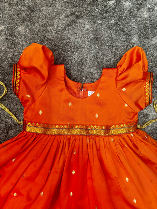 Orange Paithani Butti Silk Frock for Girls | 0–8 Years