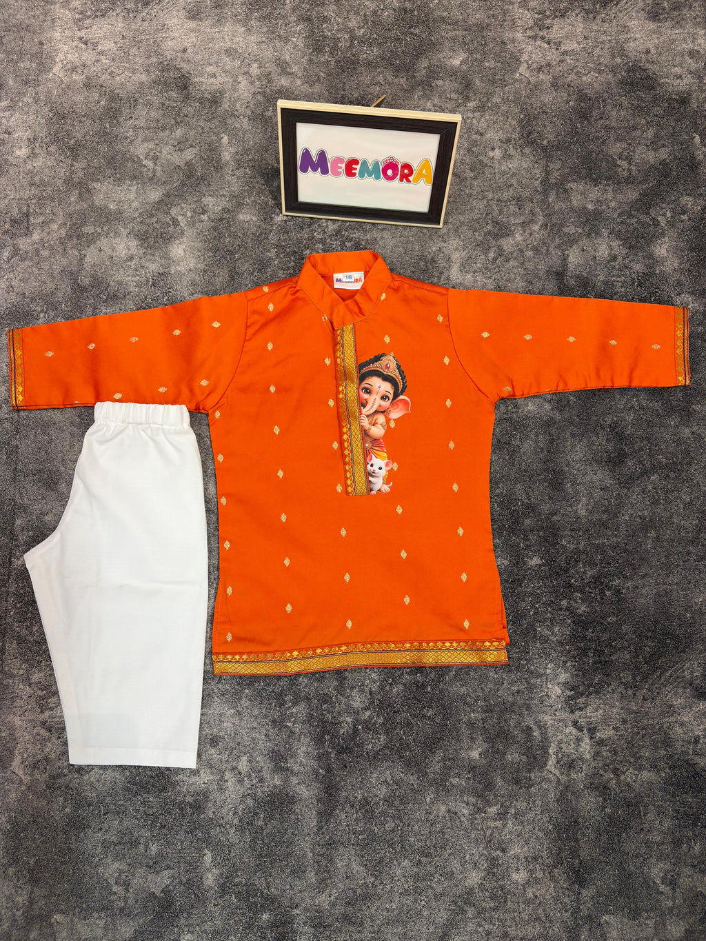 Orange Silk Paithani Butti Ganpati Silk Kurta Pajama for Boys