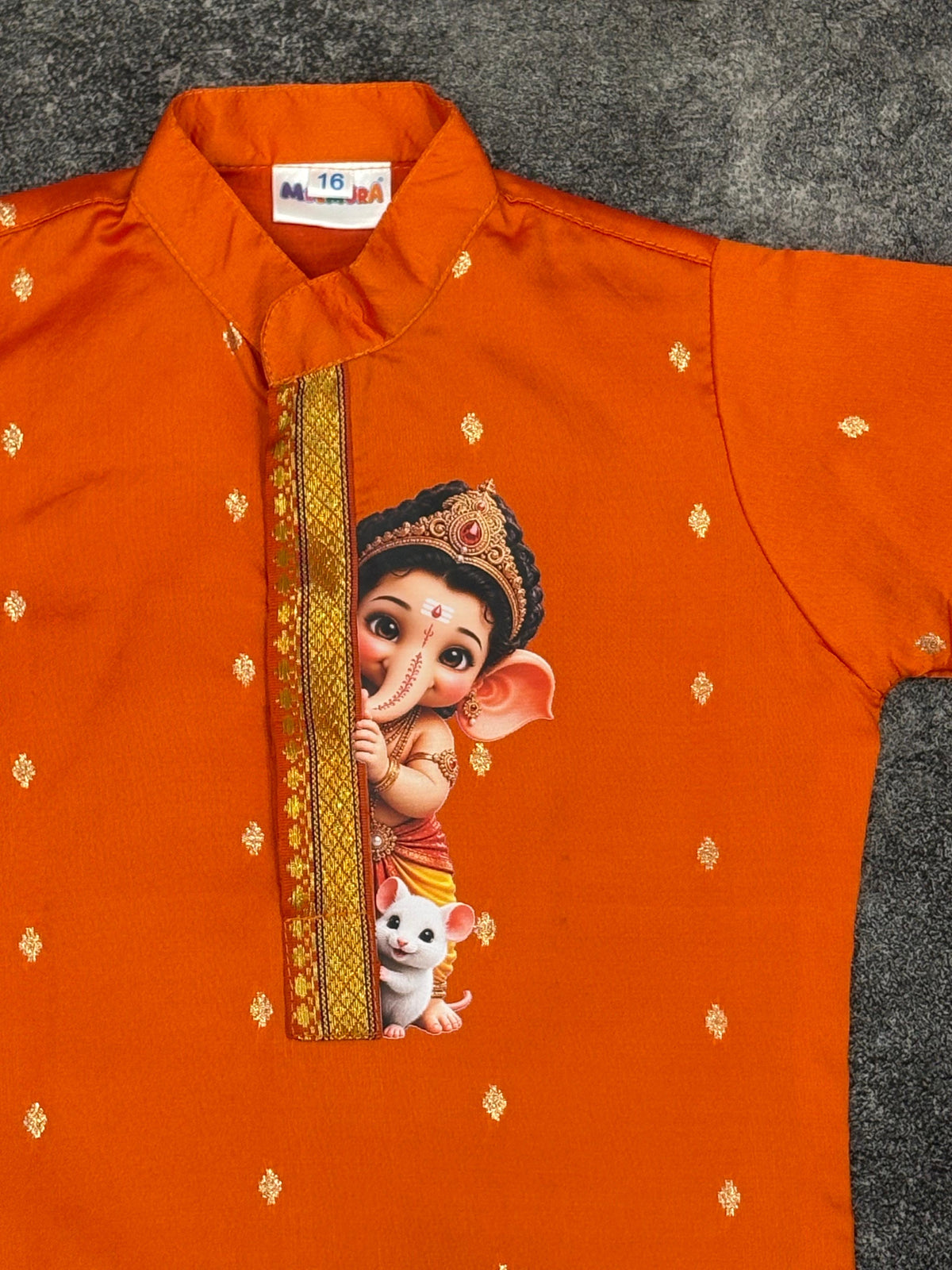 Orange Silk Paithani Butti Ganpati Silk Kurta Pajama for Boys