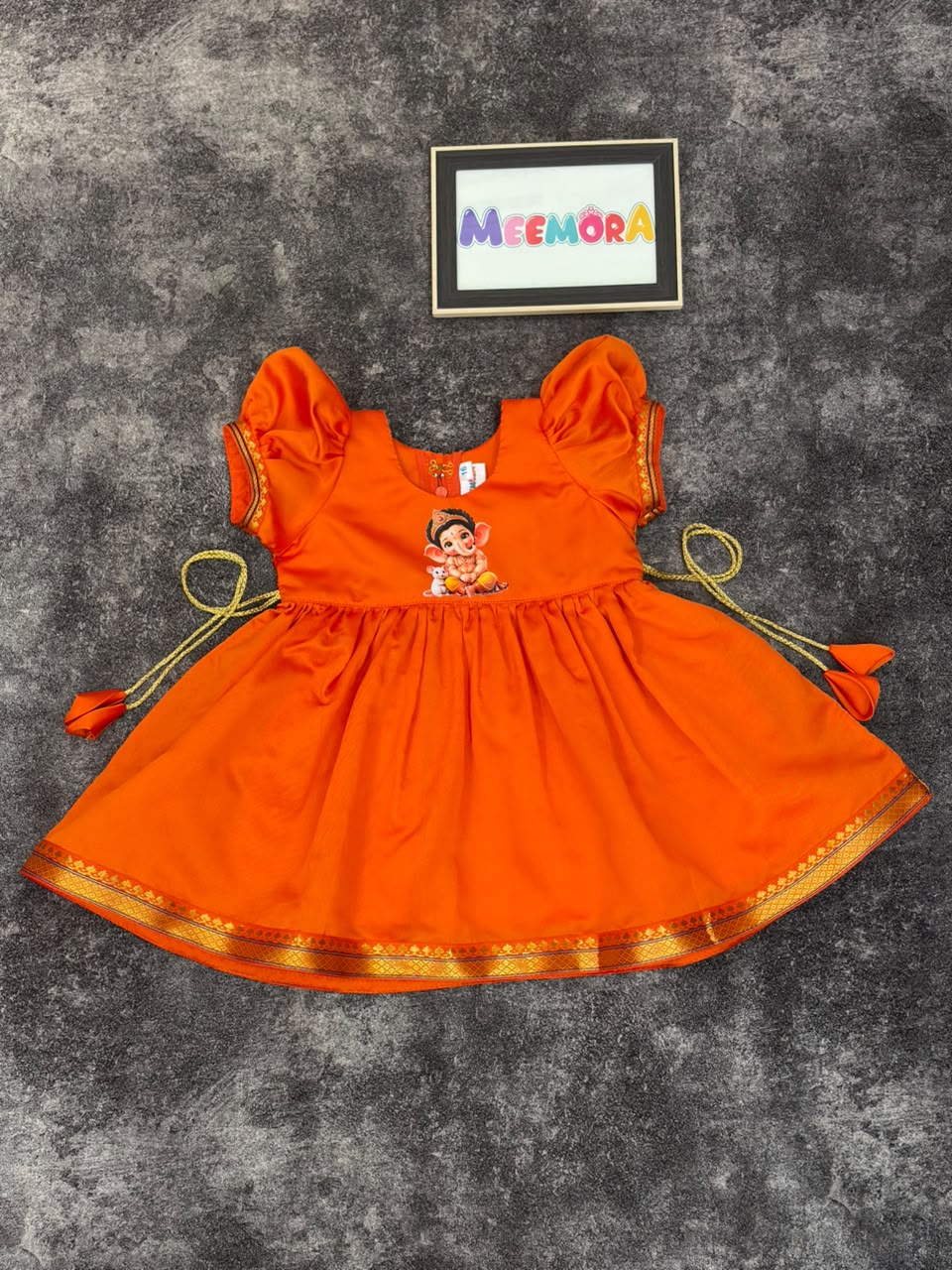 Orange Paithani Border Ganpati Soft Silk Frock for Girls