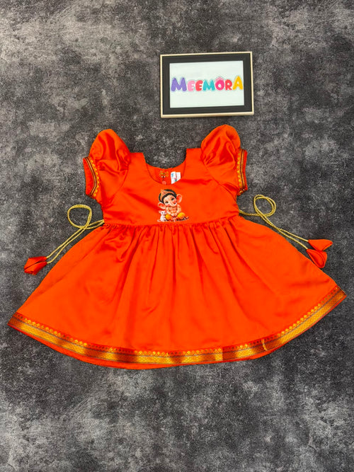 Orange Paithani Border Ganpati Soft Silk Frock for Girls