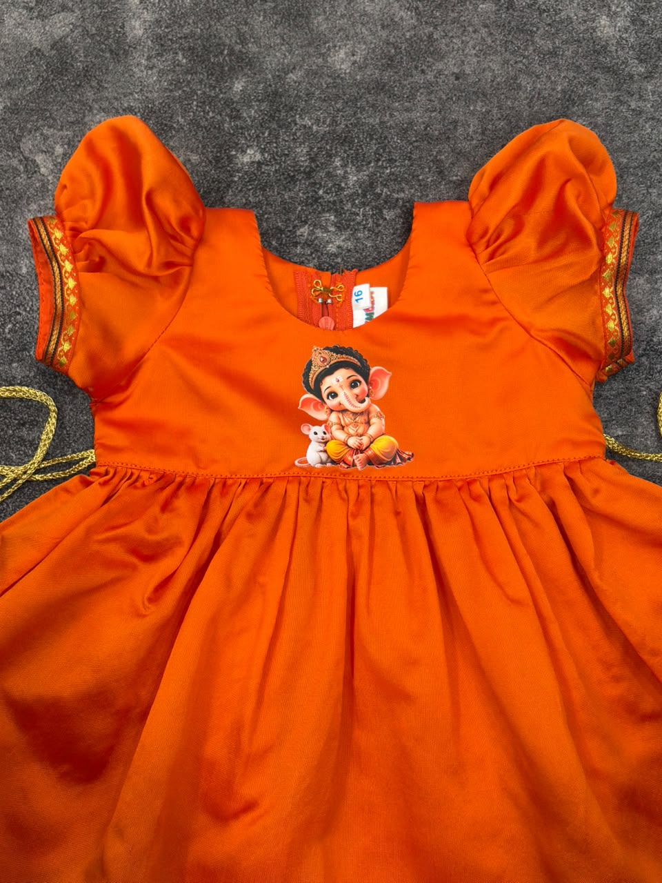 Orange Paithani Border Ganpati Soft Silk Frock for Girls
