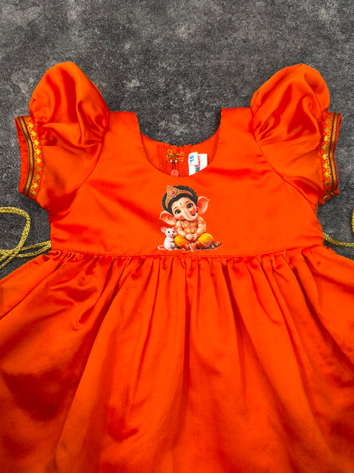 Orange Paithani Border Ganpati Soft Silk Frock for Girls