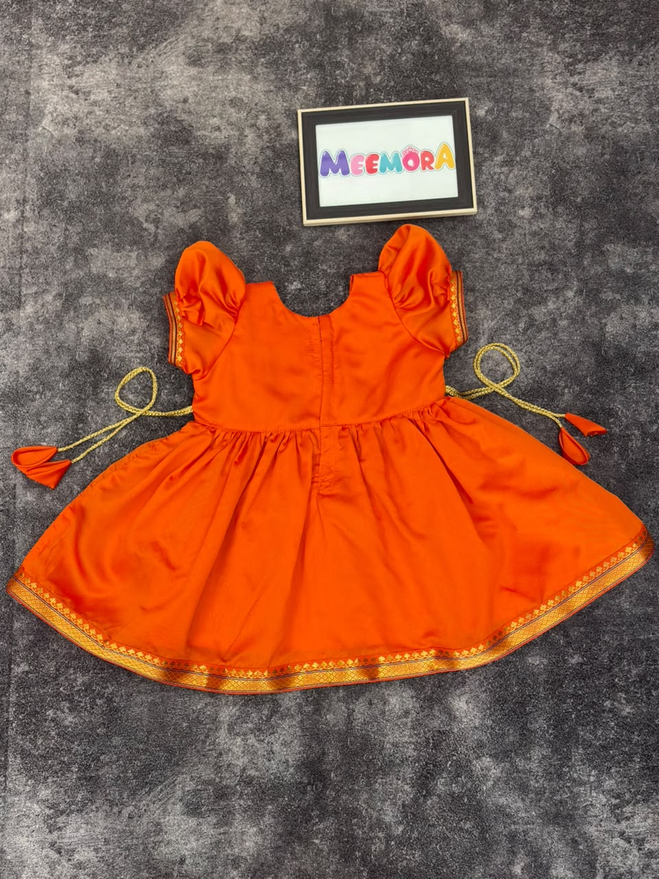 Orange Paithani Border Ganpati Soft Silk Frock for Girls
