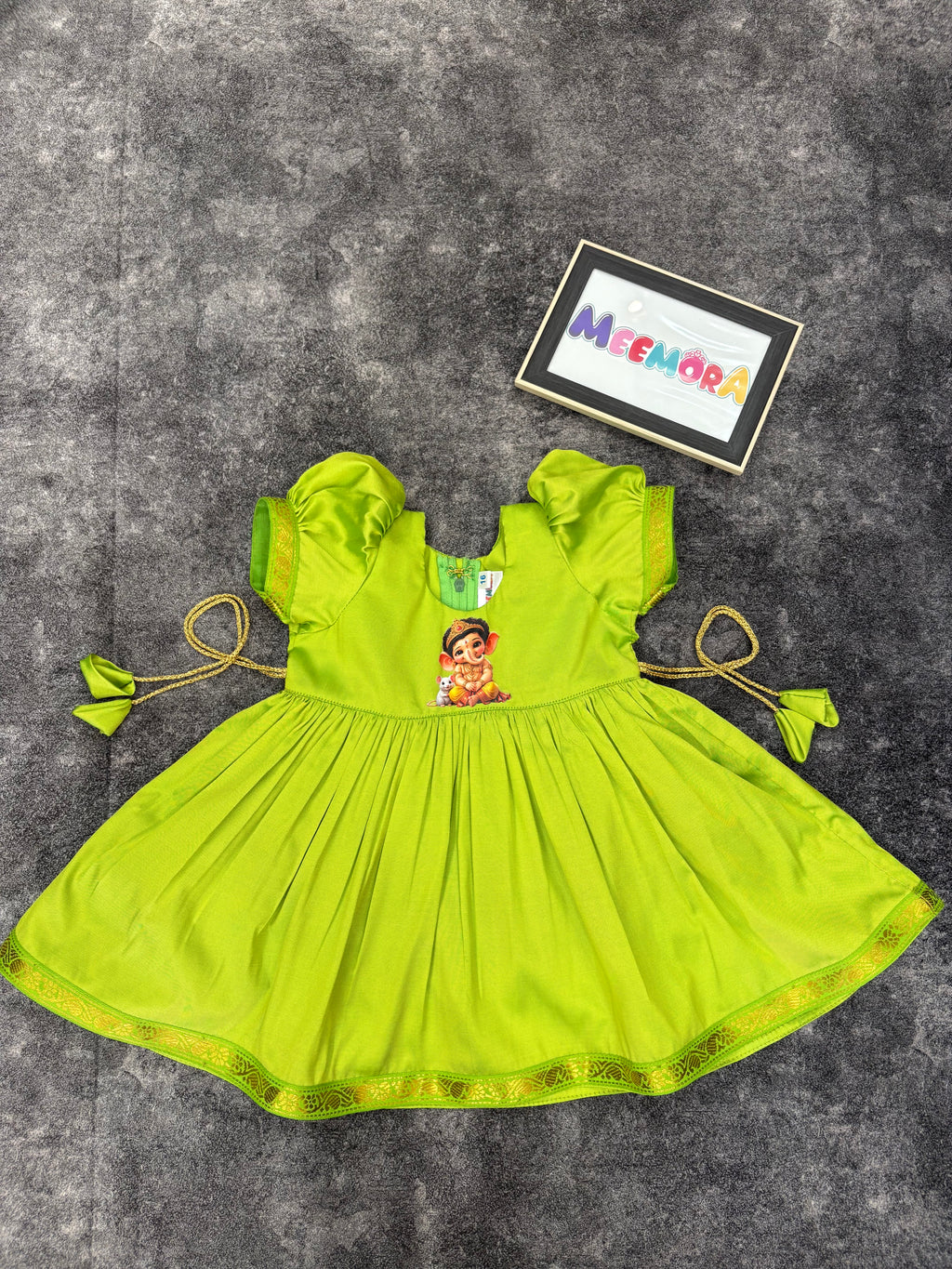 Parrot Green Ganesha Soft Silk Frock for Girls