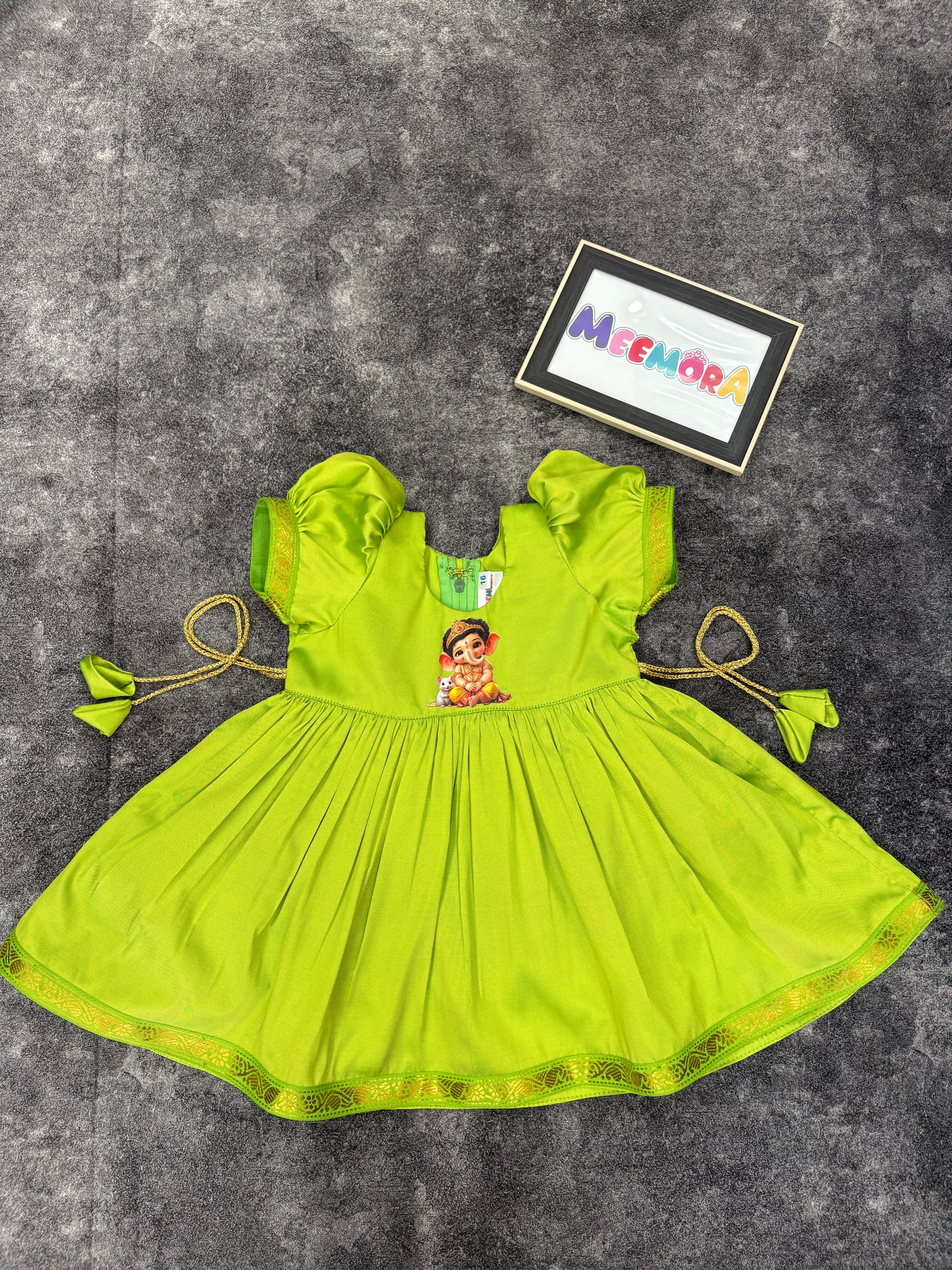 Parrot Green Ganesha Soft Silk Frock for Girls