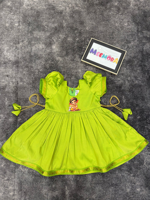 Parrot Green Ganesha Soft Silk Frock for Girls