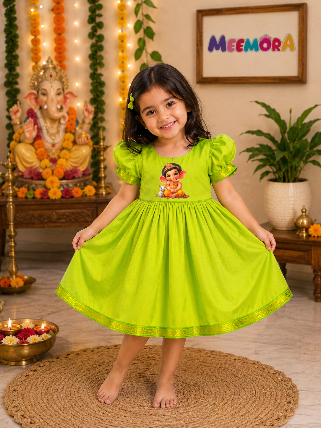 Parrot Green Ganesha Soft Silk Frock for Girls