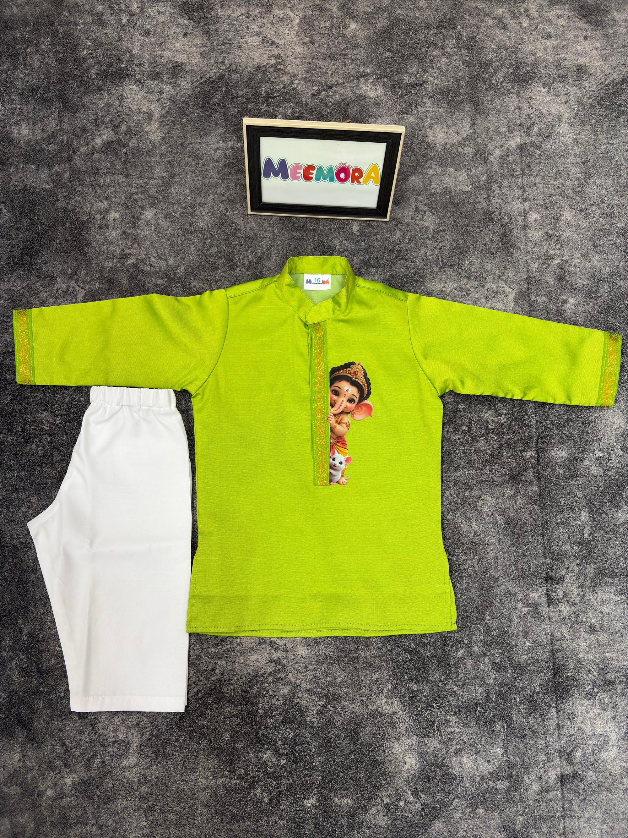 Parrot Green Ganpati Soft Silk Kurta Pajama for Boys