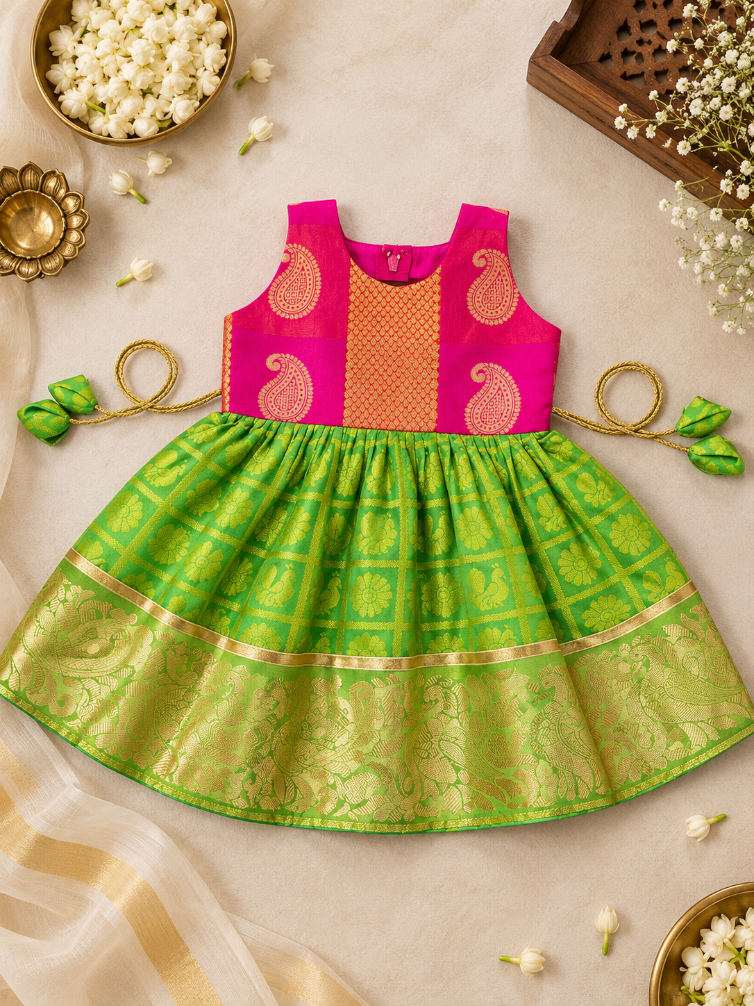 Parrot Green & Rani Checks Peacock Silk Frock for Girls