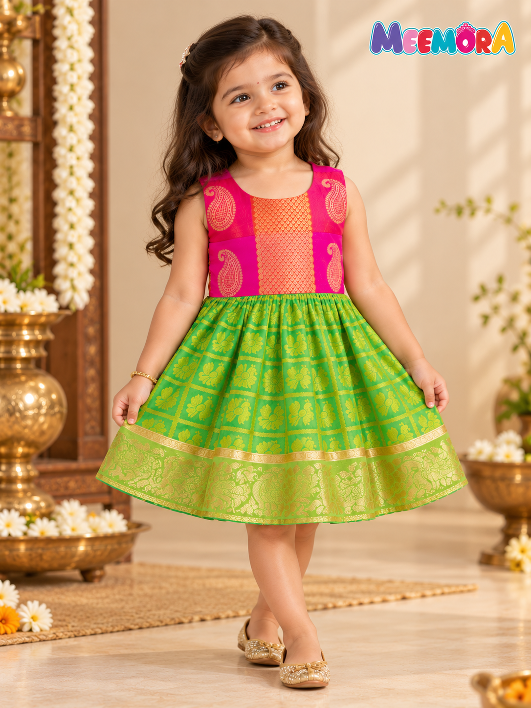 Parrot Green & Rani Checks Peacock Silk Frock for Girls