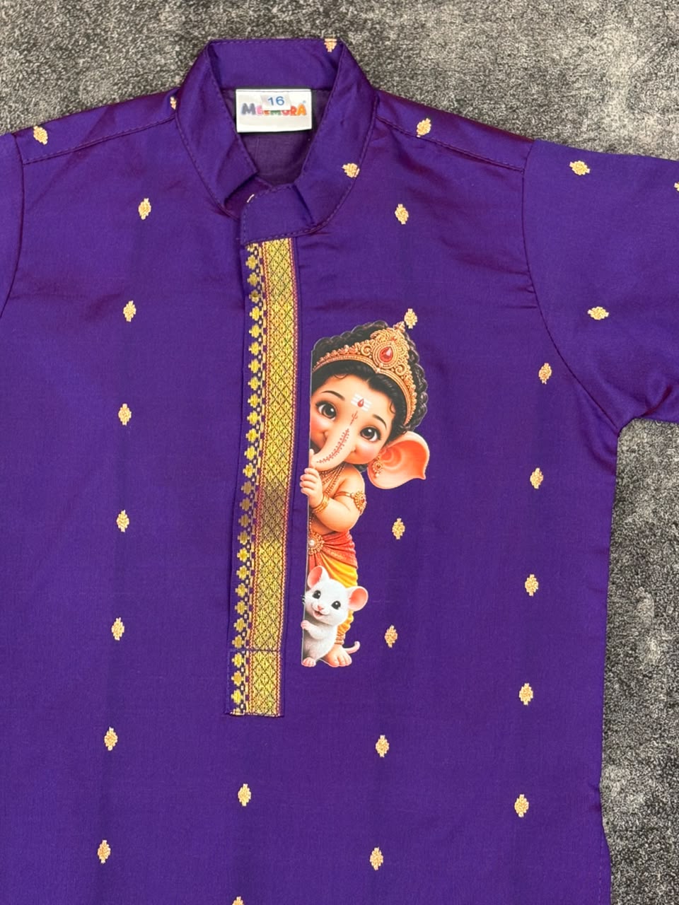 Purple Silk Paithani Butti Ganpati Silk Kurta Pajama for Boys