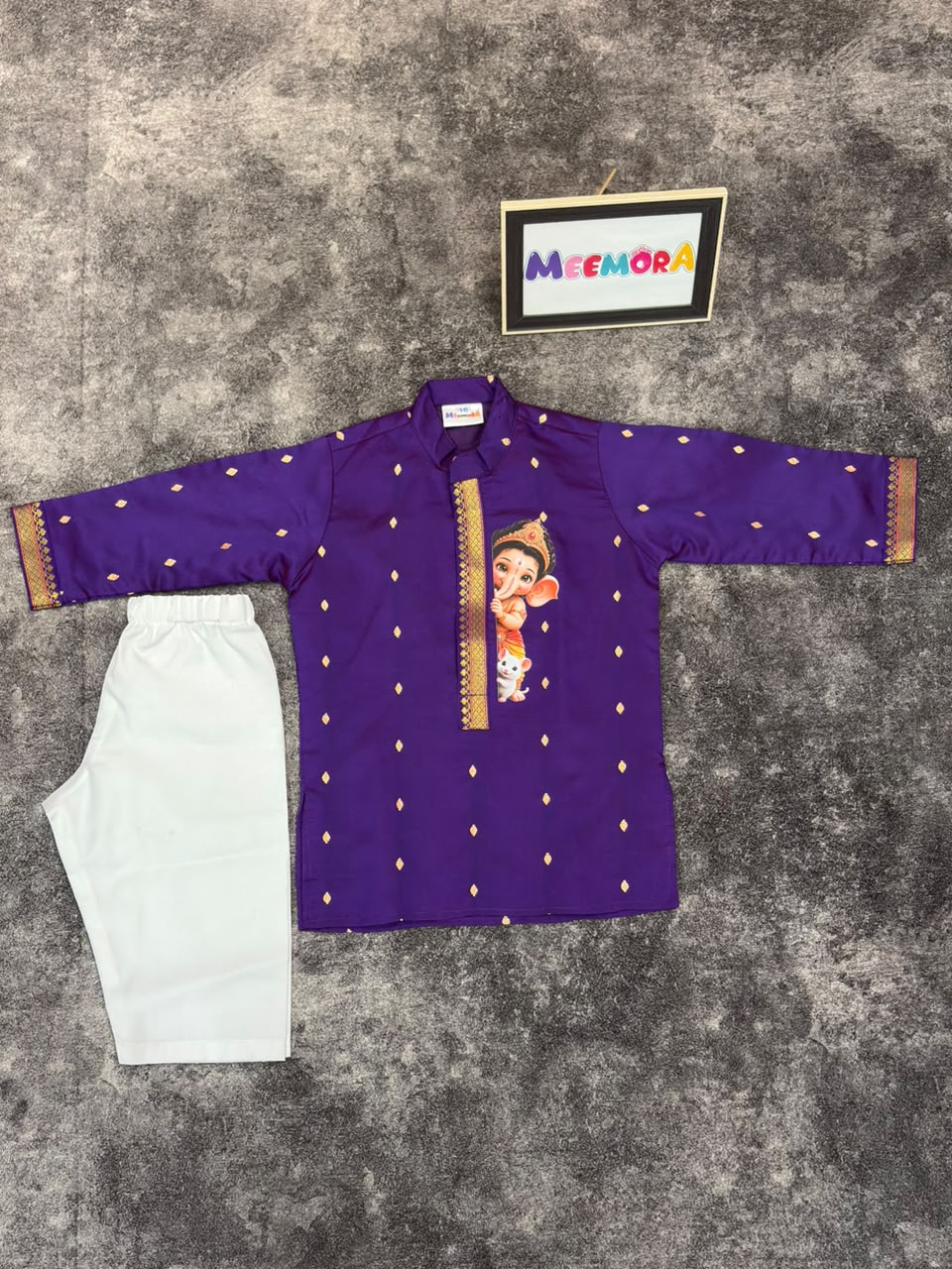 Purple Silk Paithani Butti Ganpati Silk Kurta Pajama for Boys