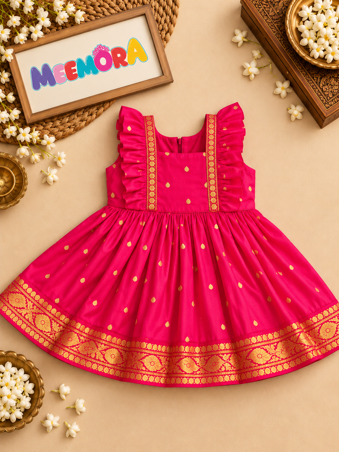 Pink Frill Sleeve Silk Frock with Paithani Border for Girls