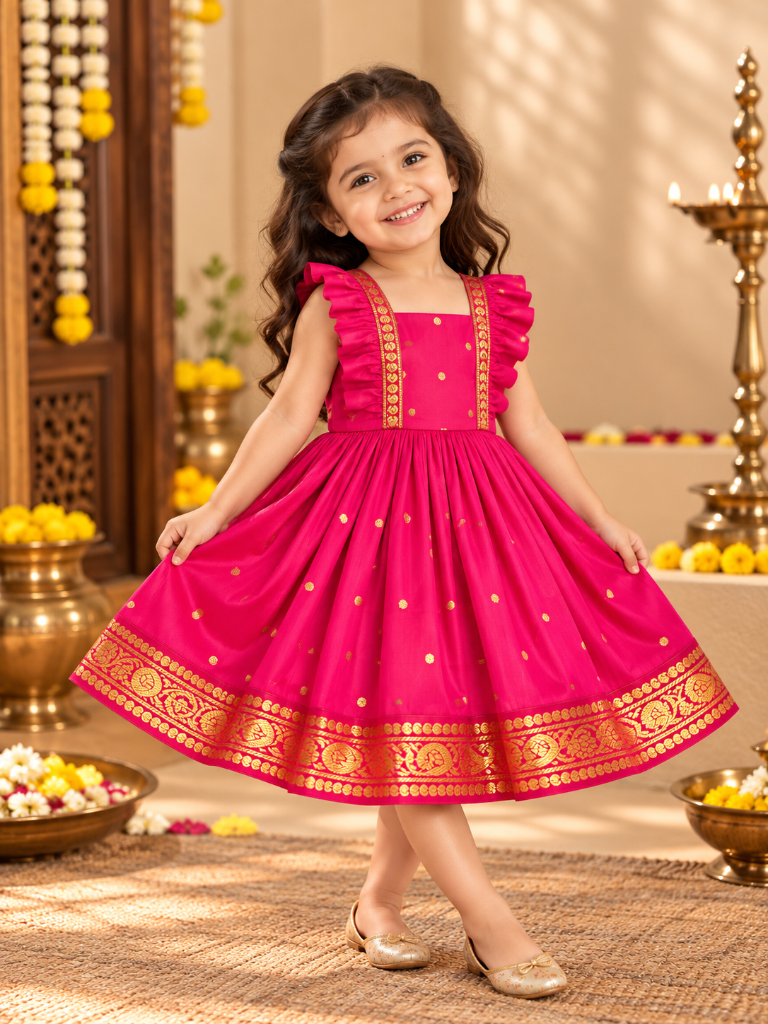 Pink Frill Sleeve Silk Frock with Paithani Border for Girls