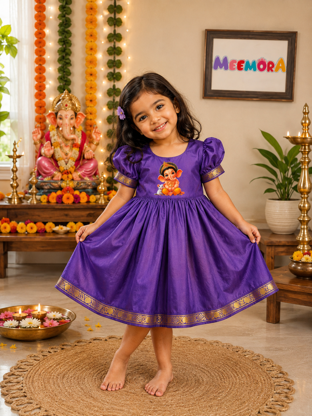 Purple Ganesha Soft Silk Frock for Girls