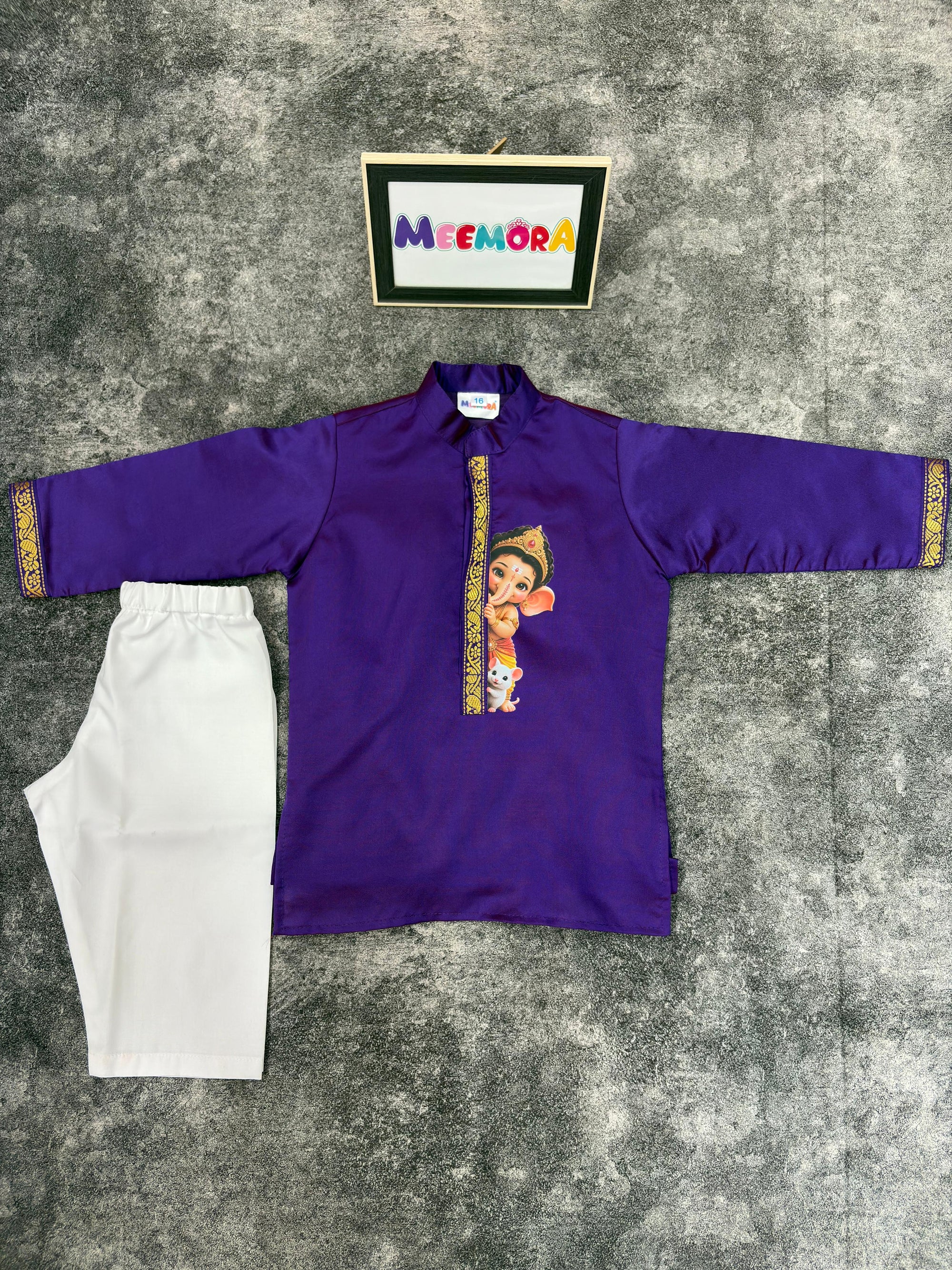 Purple Ganpati Soft Silk Kurta Pajama for Boys