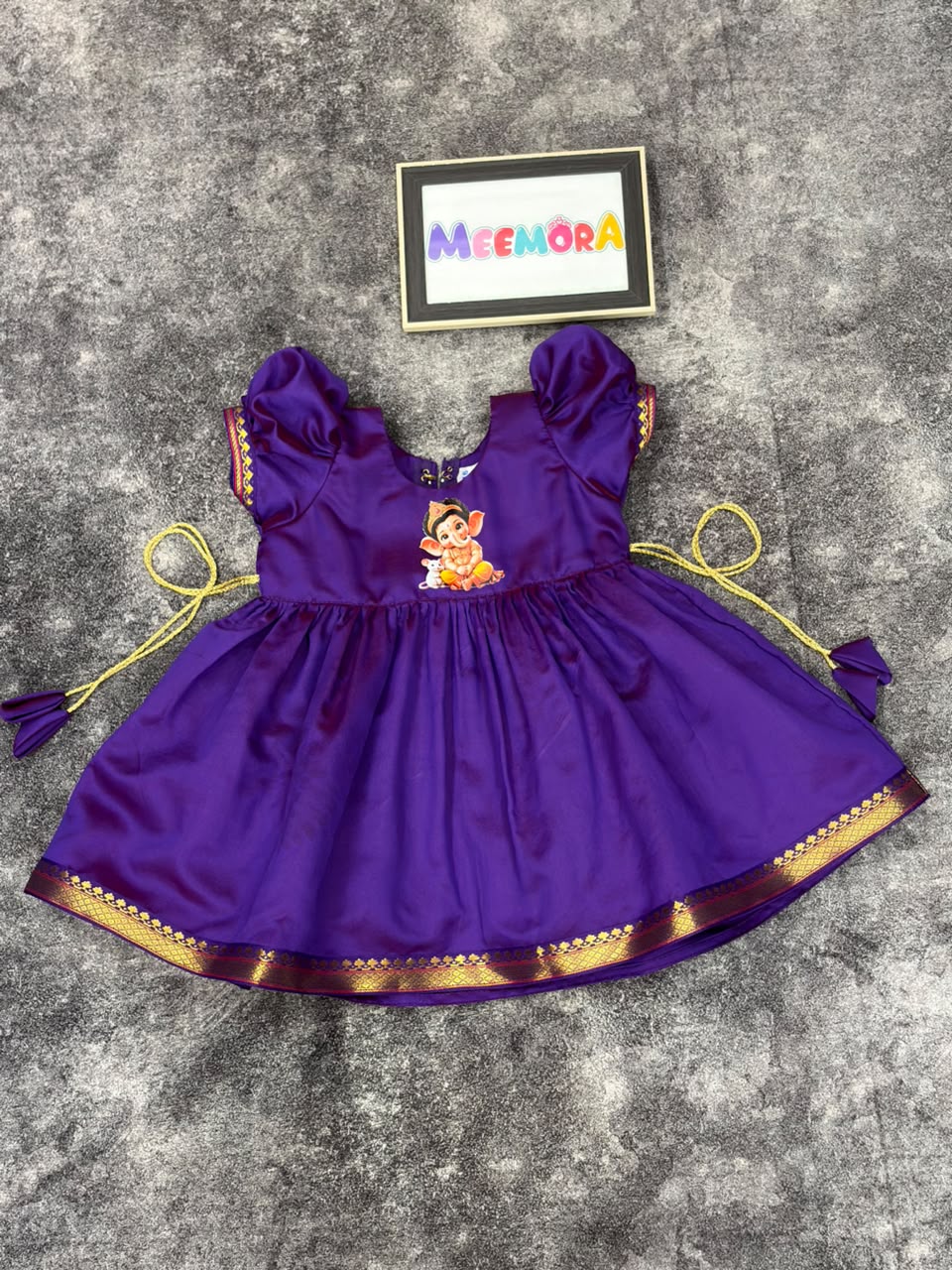 Purple Paithani Border Ganpati Soft Silk Frock for Girls