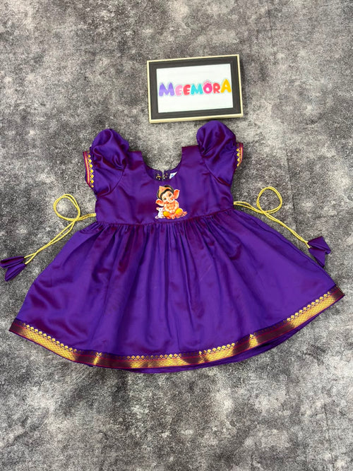 Purple Paithani Border Ganpati Soft Silk Frock for Girls