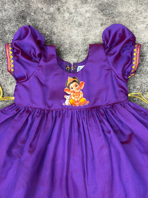 Purple Paithani Border Ganpati Soft Silk Frock for Girls