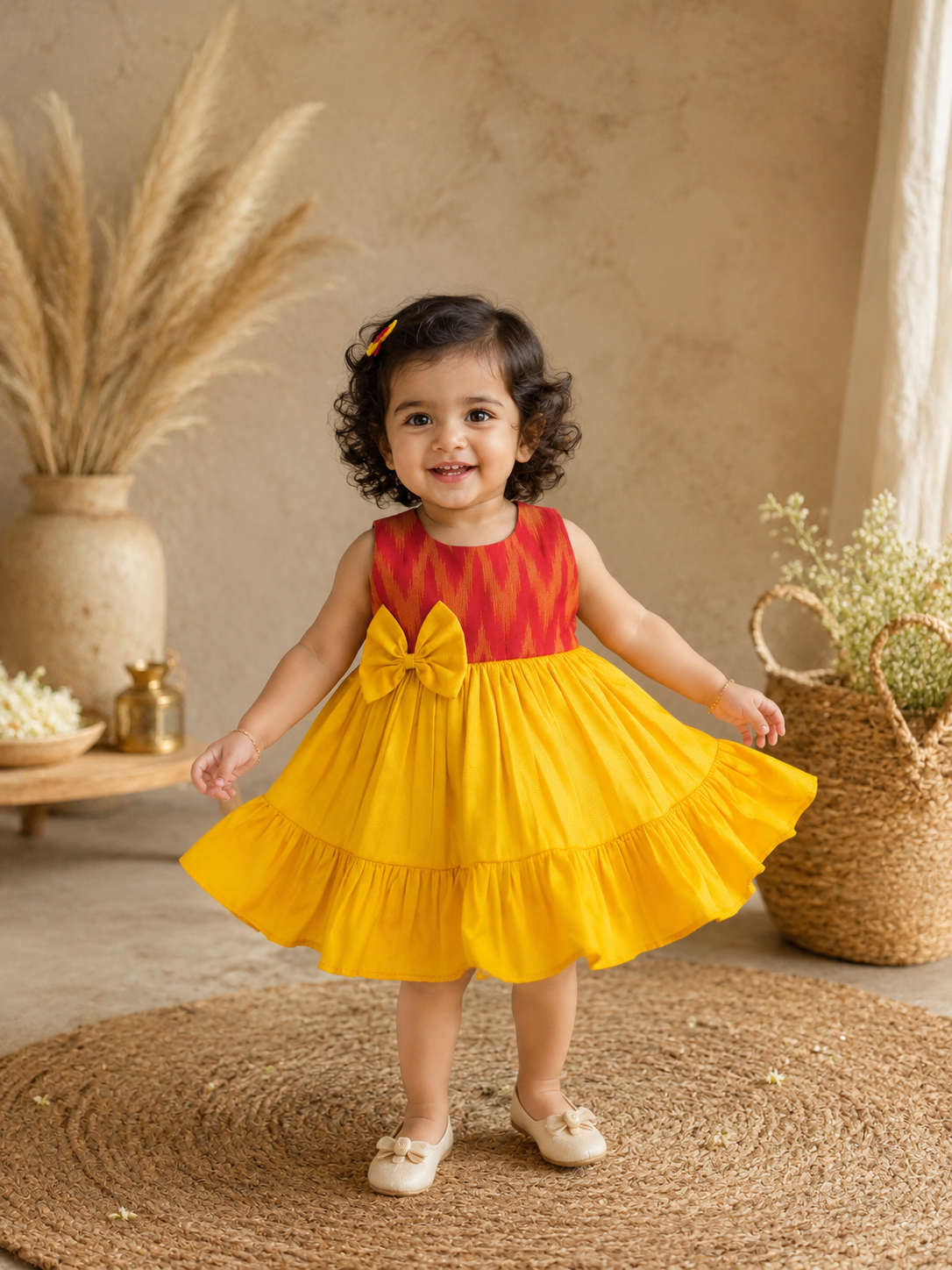 Peach Ikat & Yellow Silk Frill Frock for Baby Girl