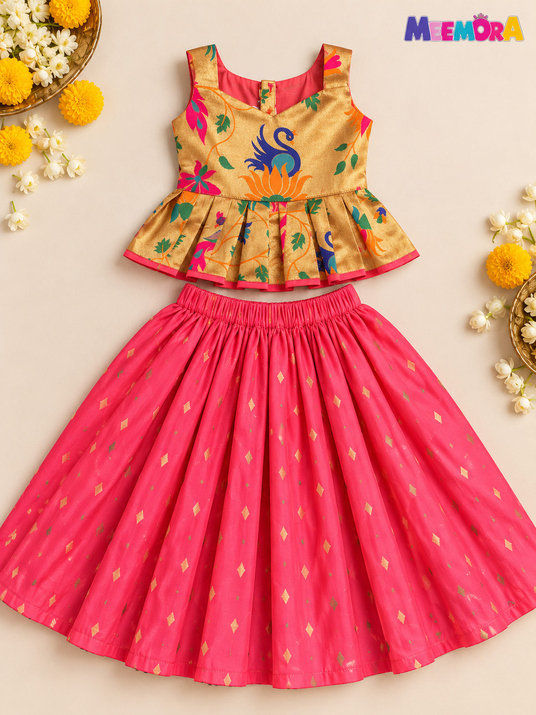 Peach Paithani Zari Silk Skirt & Blouse Set for Girls | 1-8 Years