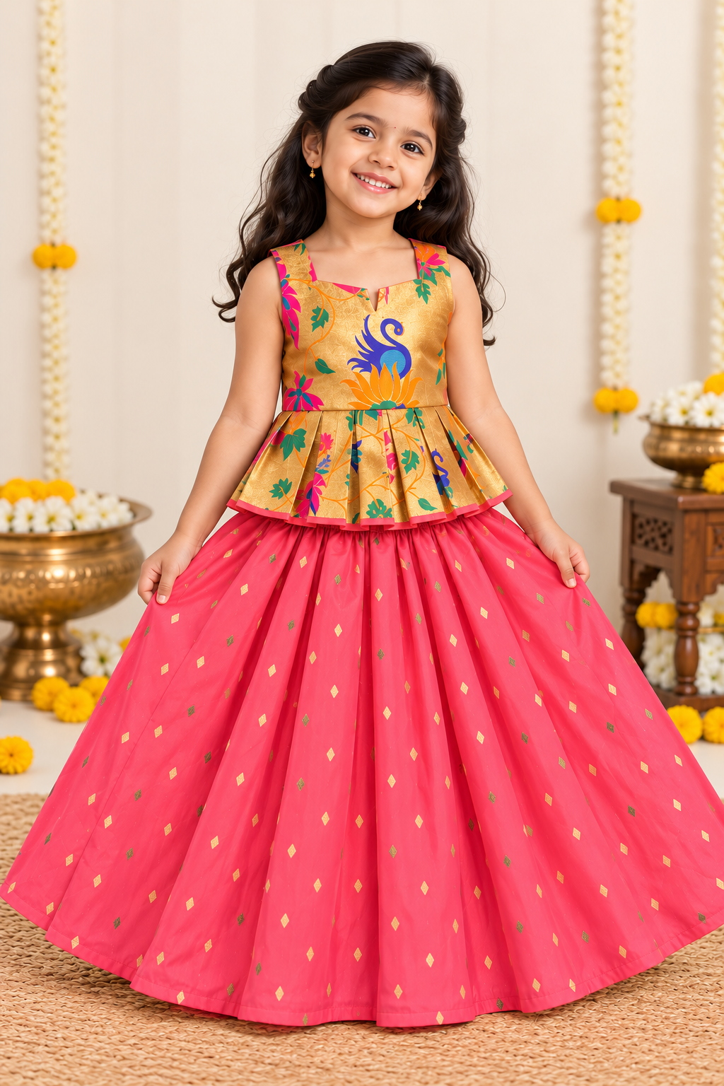 Peach Paithani Zari Silk Skirt & Blouse Set for Girls | 1-8 Years