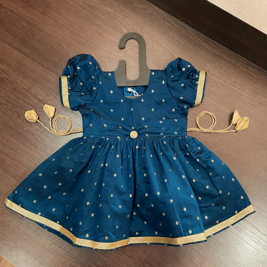 Peacock Blue Chanderi Silk Frock with Butti Print for Girls