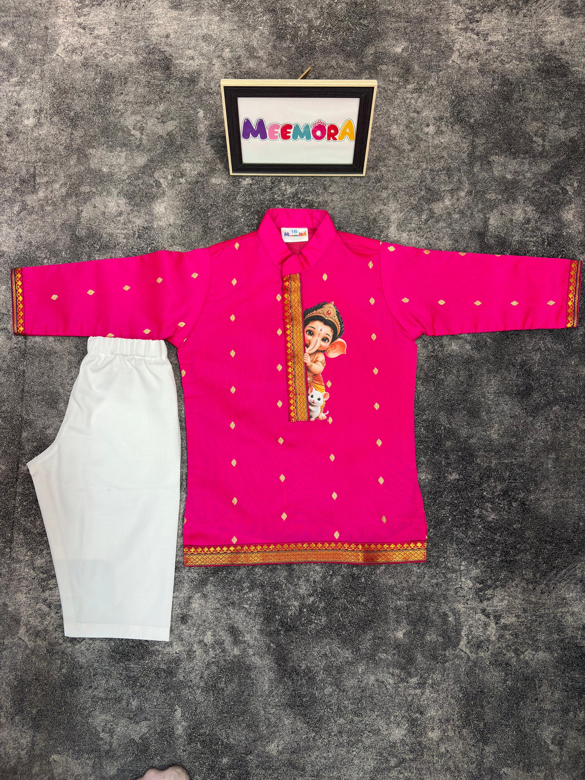 Pink Silk Paithani Butti Ganpati Silk Kurta Pajama for Boys