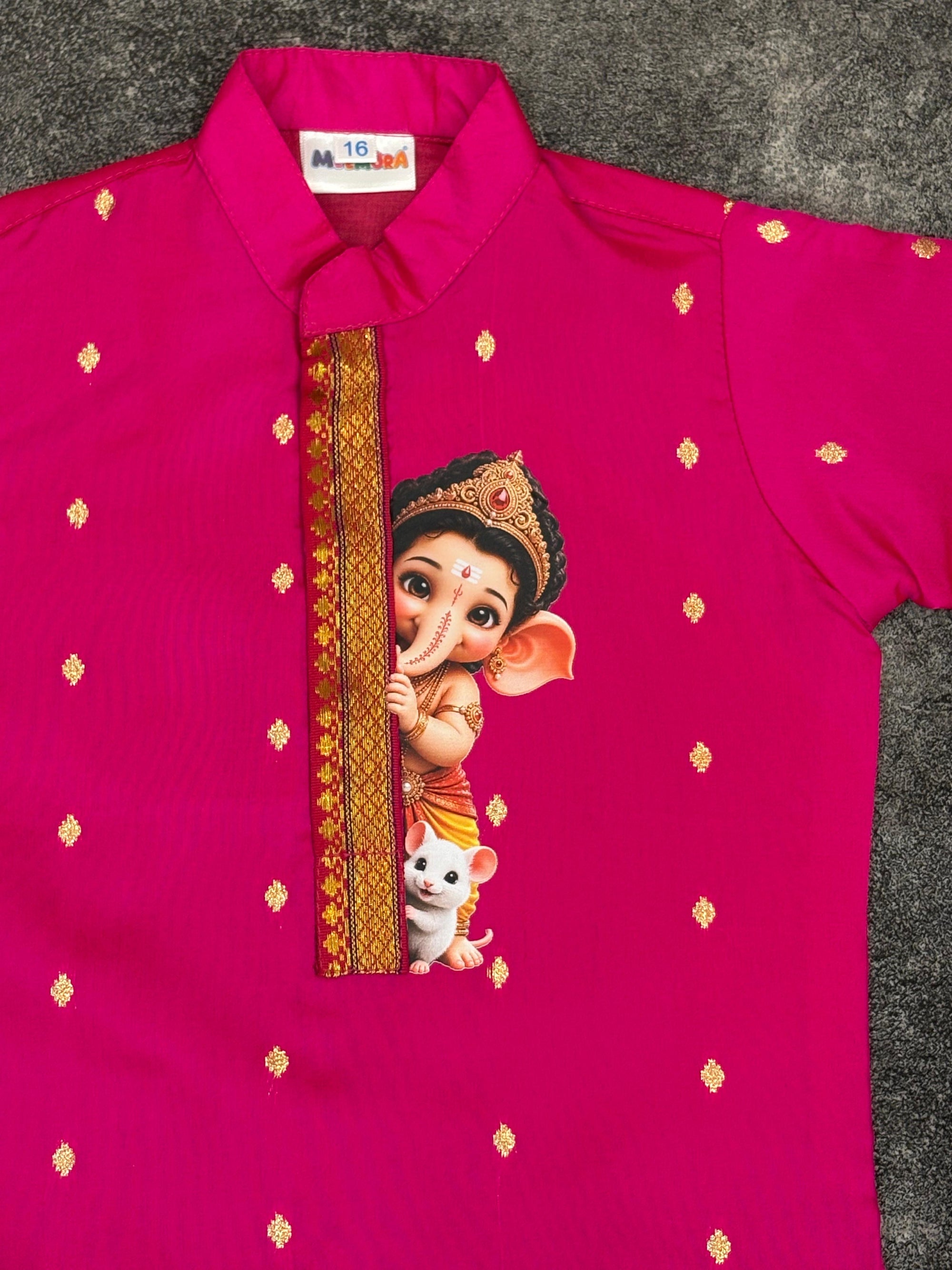 Pink Silk Paithani Butti Ganpati Silk Kurta Pajama for Boys