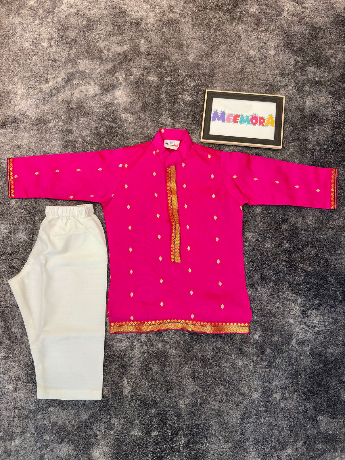Pink Silk Paithani Butti Silk Kurta Pajama for Boys