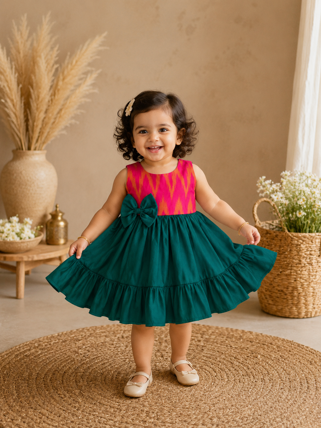 Pink Ikat & Rama Silk Frill Frock for Baby Girl