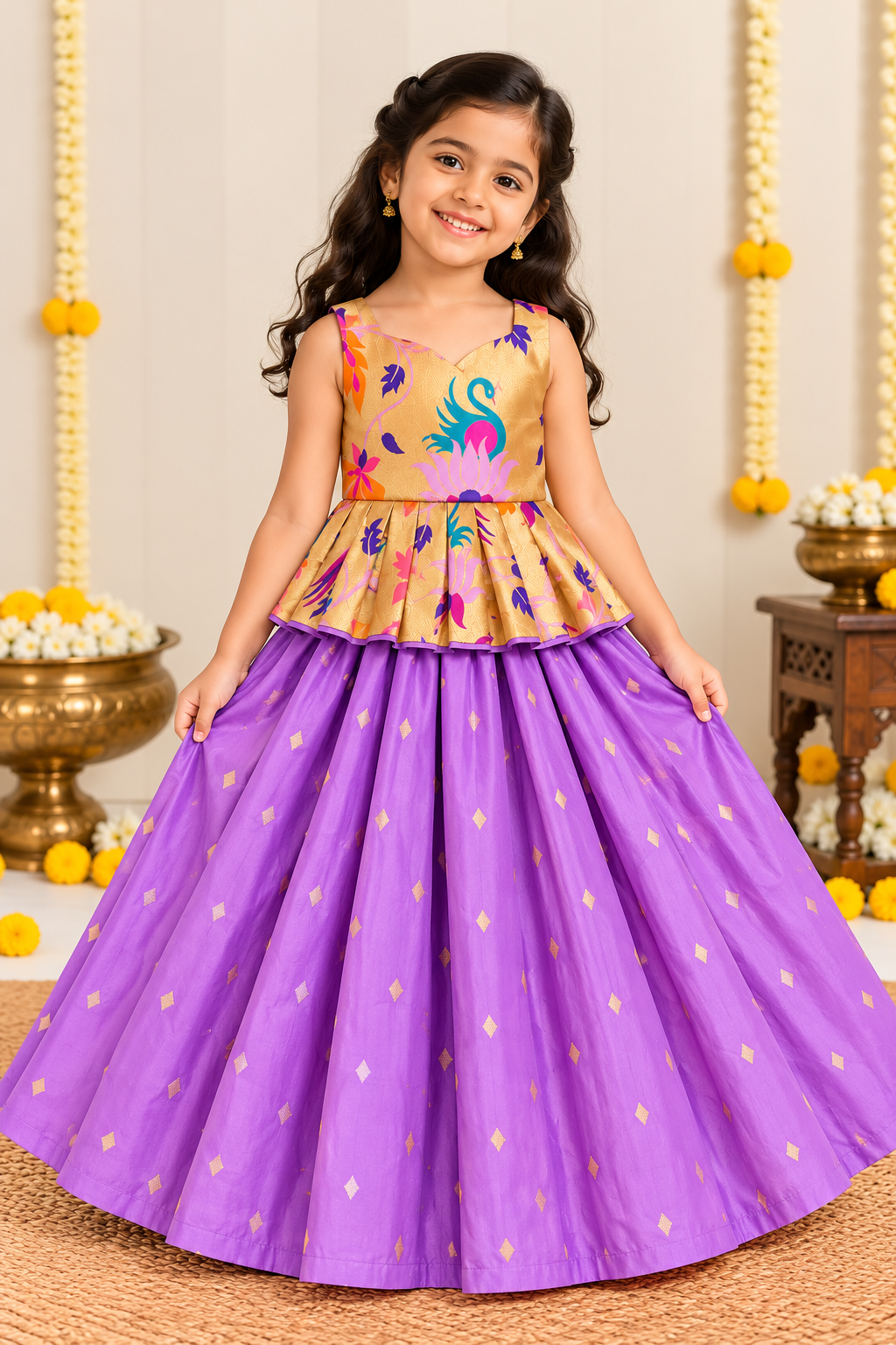 Lavender Paithani Zari Silk Skirt & Blouse Set for Girls | 1-8 Years