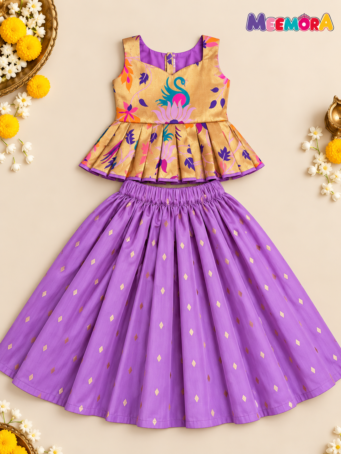 Lavender Paithani Zari Silk Skirt & Blouse Set for Girls | 1-8 Years
