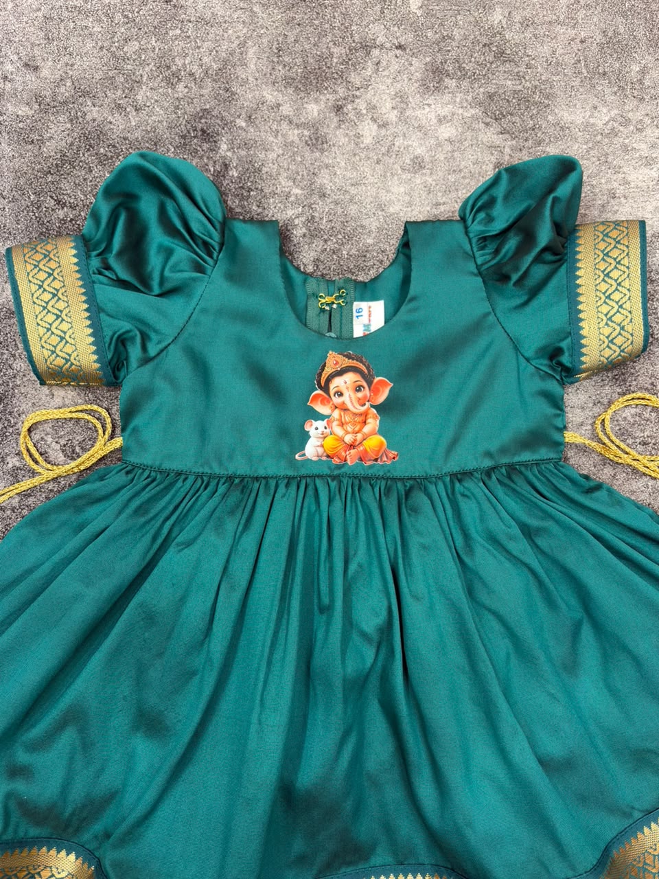 Rama Paithani Border Ganpati Soft Silk Frock for Girls