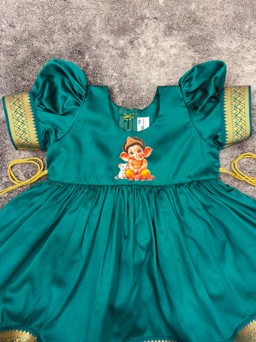 Rama Paithani Border Ganpati Soft Silk Frock for Girls