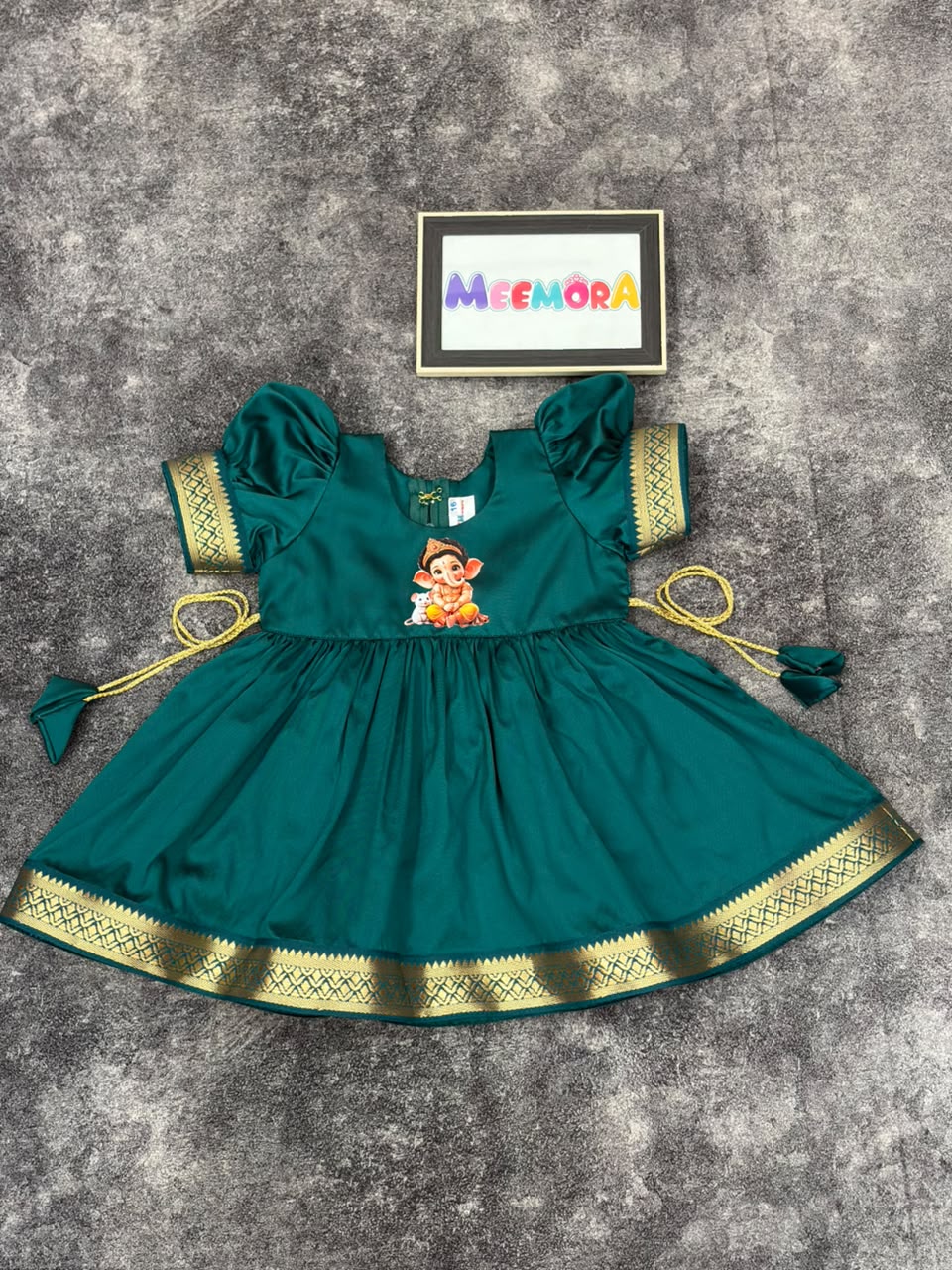 Rama Paithani Border Ganpati Soft Silk Frock for Girls